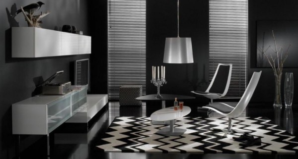 : Living Room With Black And White Carpet Motif