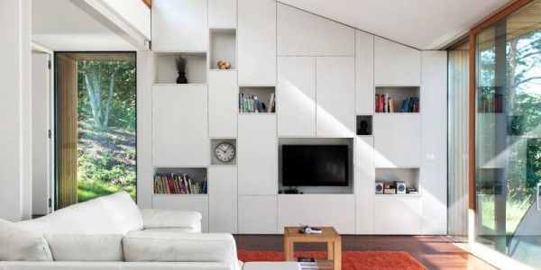 Remarkable Red Fur Rug With Built In White Cabinet And Cozy White Sofa