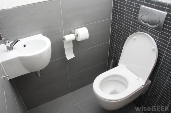 : Bathroom Toilet Sink Paper Gray White Clean
